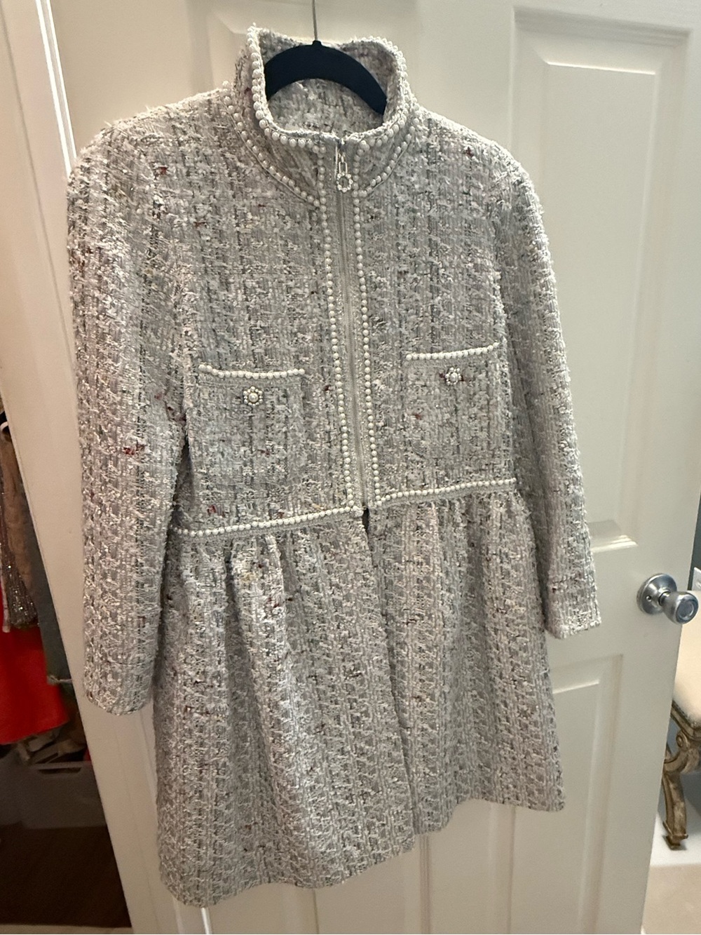 Edward Achour Paris Pearl Crystal Bouclé Tweed Peplum Jacket FR 36
